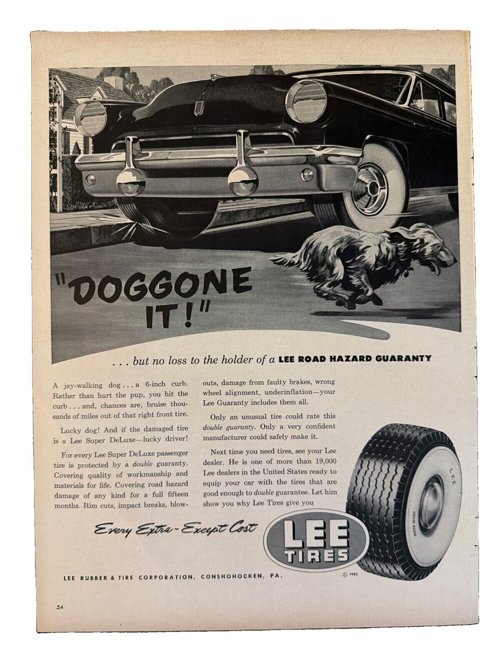 1952 Lee Tires Print Ad Doggone It! Illustrated Car Automobile Quick Stop Retro